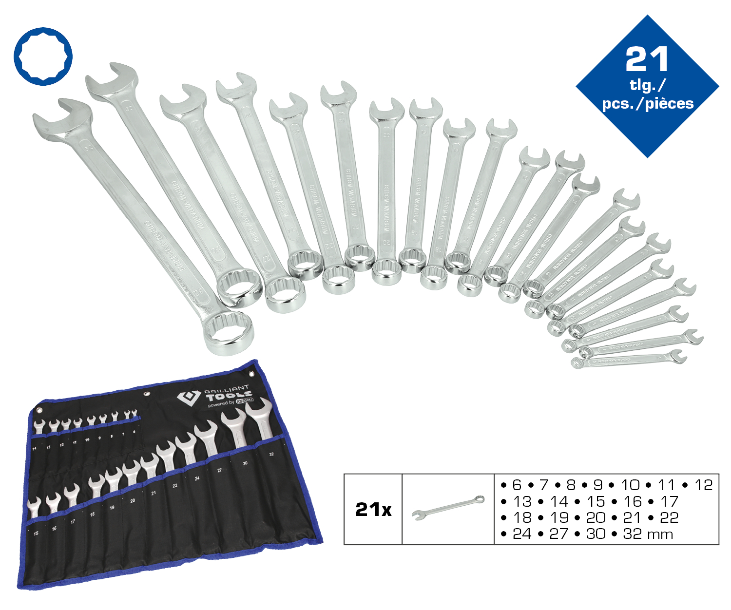 Brilliant Tools Ring-Maulschlüssel-Satz, 21-tlg - BT011021