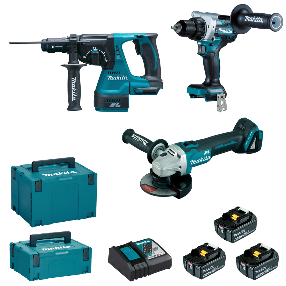 Makita Akku-Kombo-Kit LXT 18V - 3 Stück Maschinen - DDF492 + DGA506 + DHR243 - DLX3202TJ
