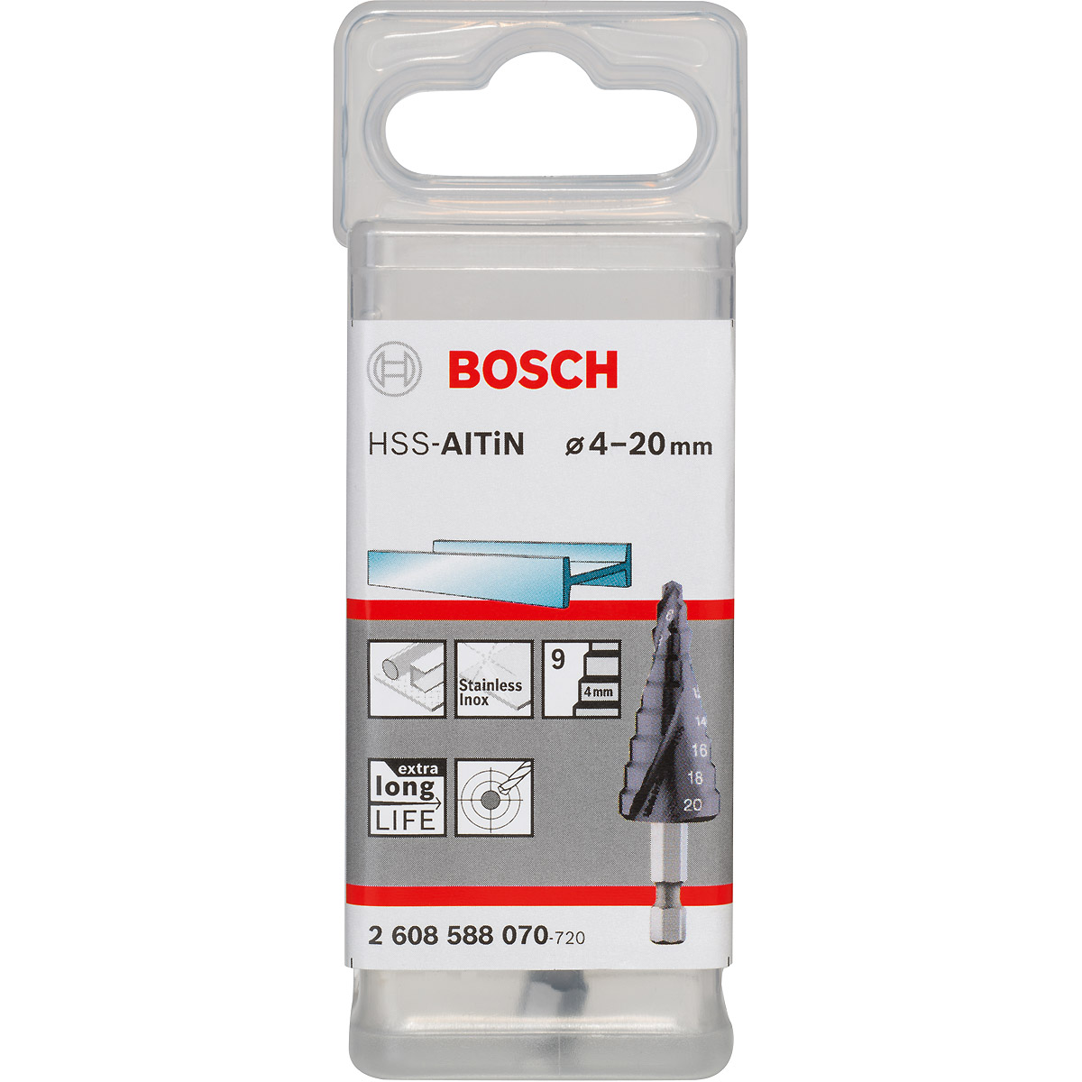 Bosch Stufenbohrer HSS-AlTiN, 4 - 20 mm, 4 mm, 70,5 mm, 9 Stufen