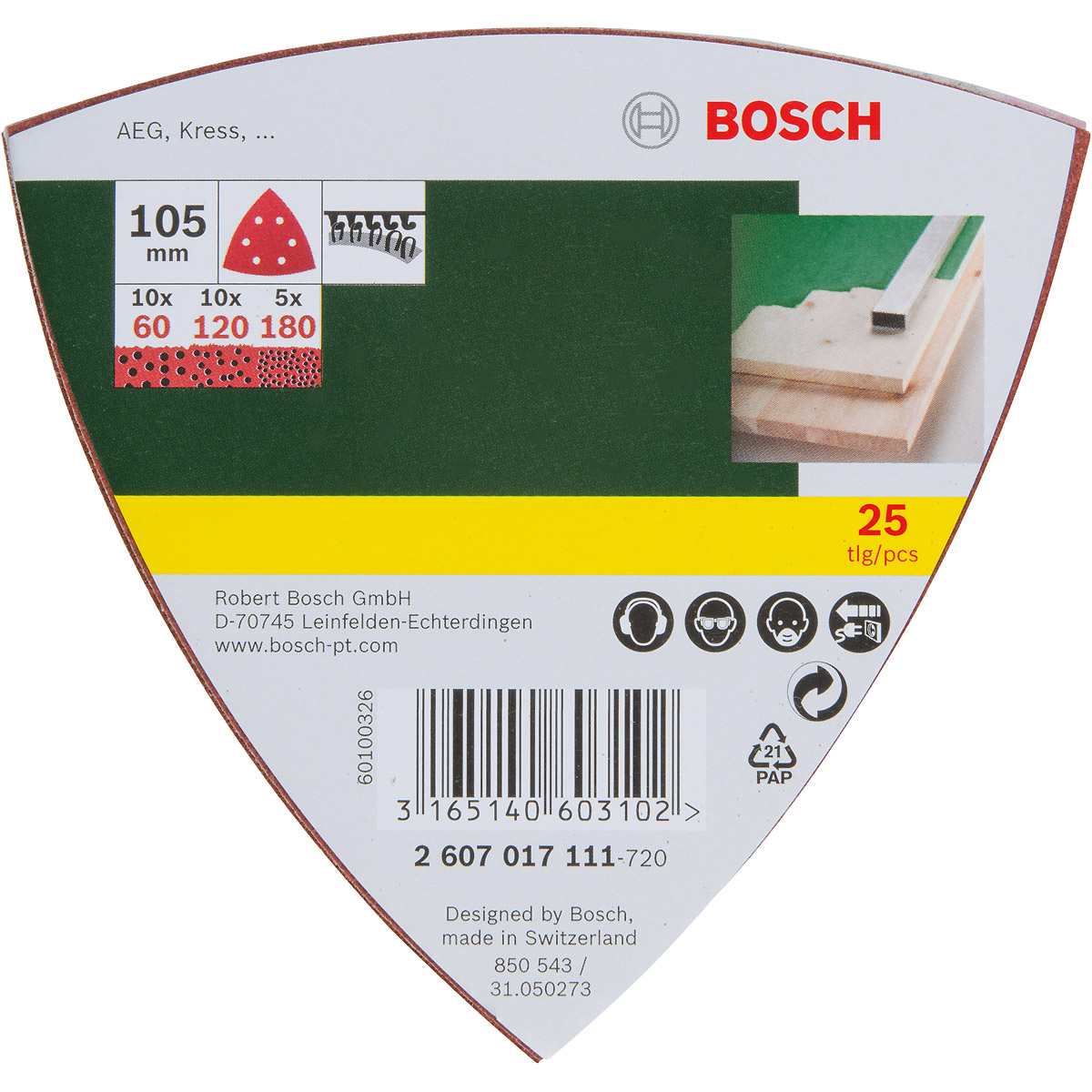 Bosch Schleifblatt-Set für Deltaschleifer, 105 mm, 60, 120, 180, 6 Löcher, 25er-Pack