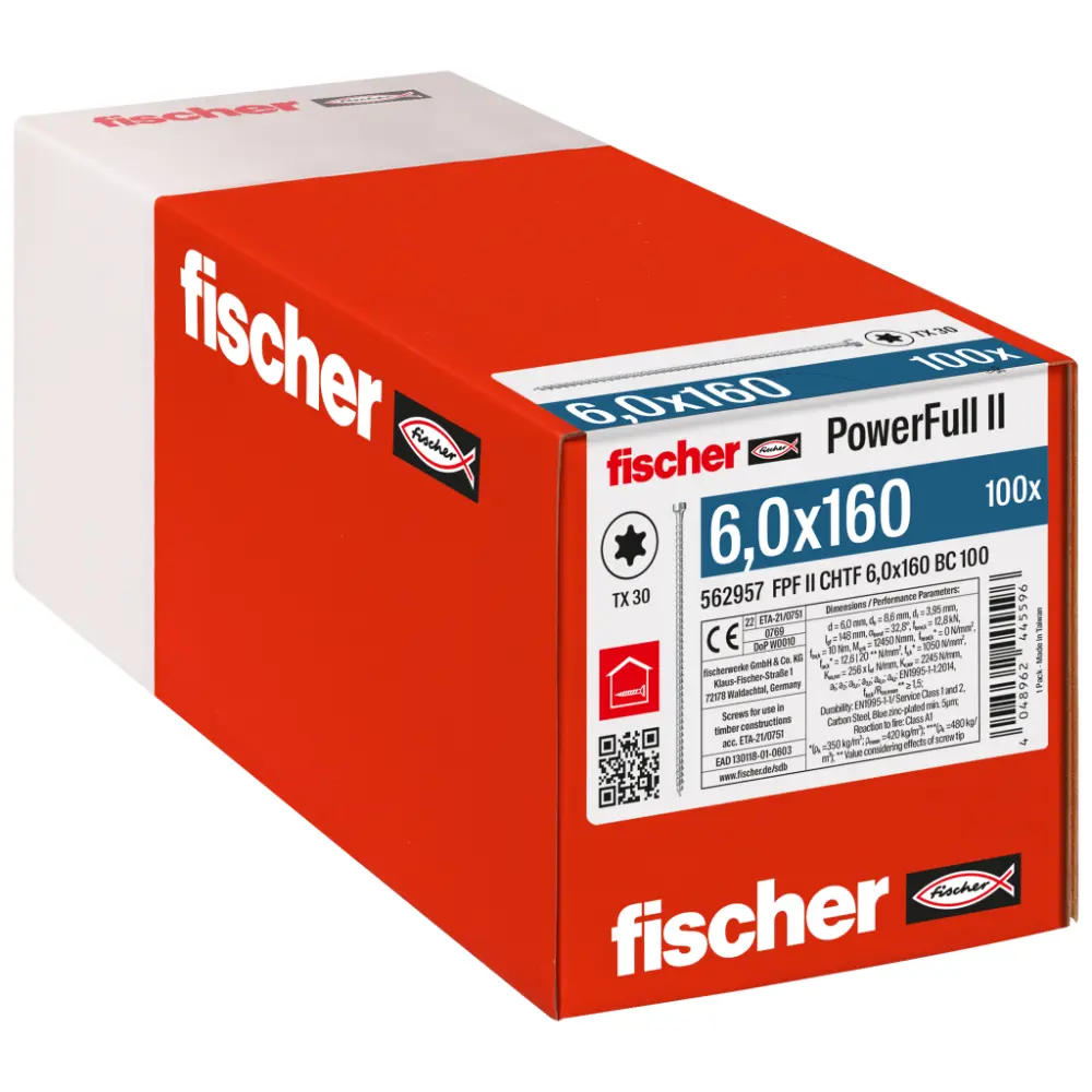 Fischer Vollgewindeschraube 6,0x160 PowerFull FPF II CHTF 6/8 BC, Vollgewinde, Zylinderkopf, TX