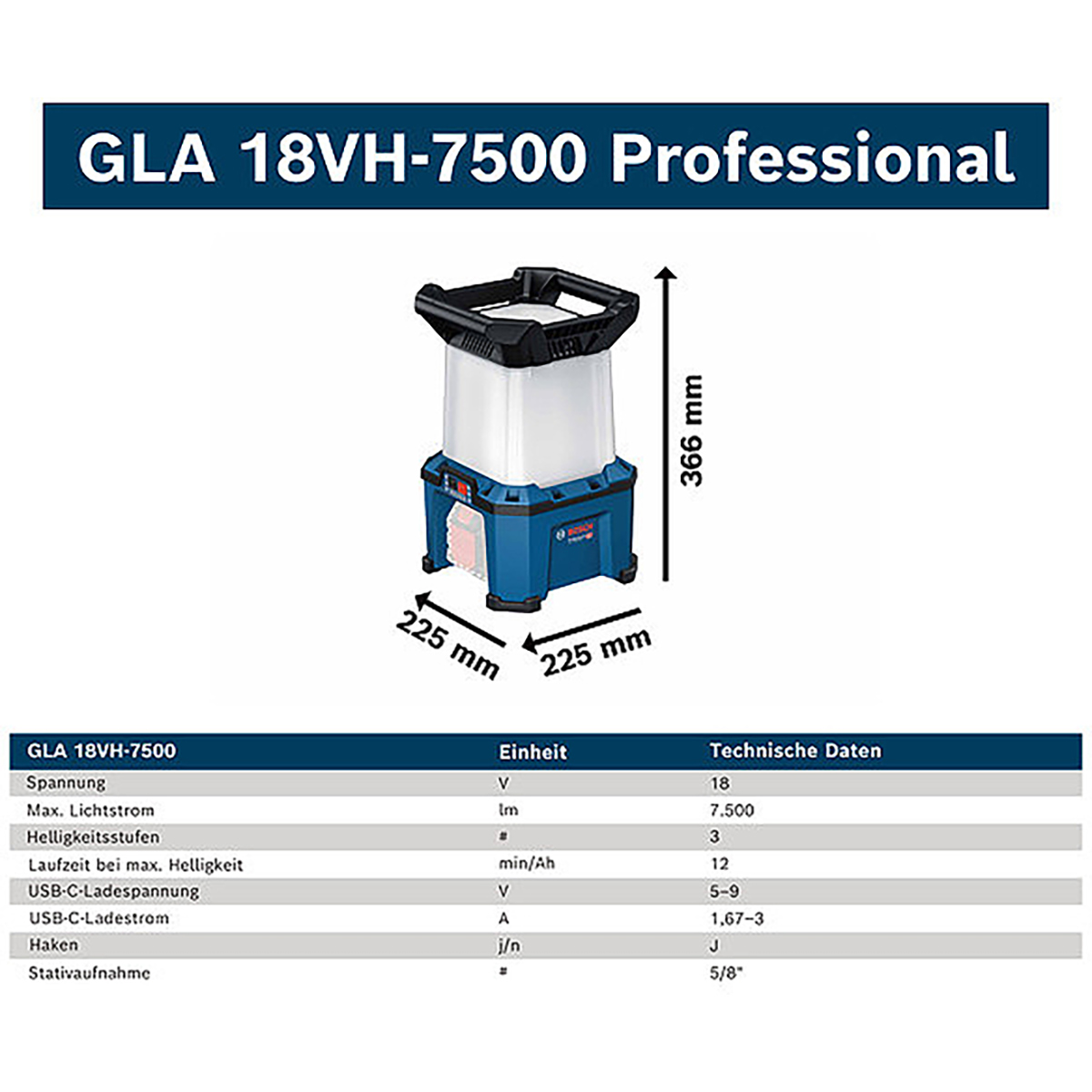 Bosch Akku-Bauleuchte GLA 18VH-7500 + Kaltgerätekabel