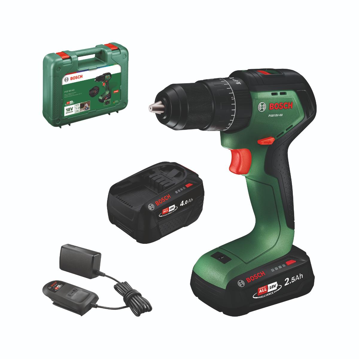 Bosch Akku-Schlagbohrschrauber PSB18V-60, 2x Akku (2.5Ah + 4.0Ah) in Handwerkerkoffer