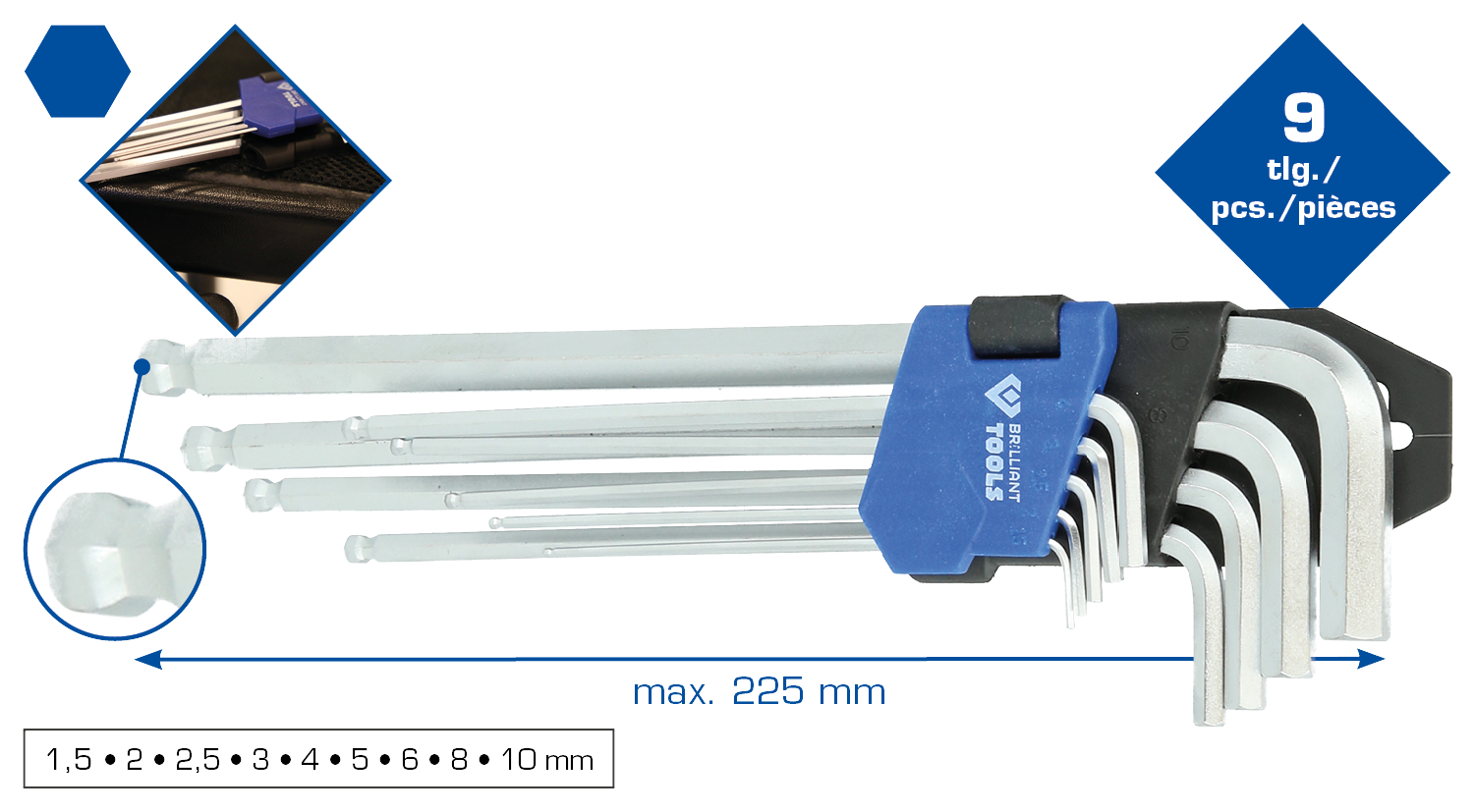 Brilliant Tools Winkelstiftschlüssel-Satz, 9-tlg, Innensechskant-Profil, lang - BT045019