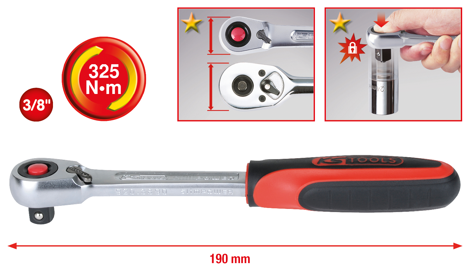 KS Tools 3/8" SlimPOWER Umschaltknarre,72 Zahn