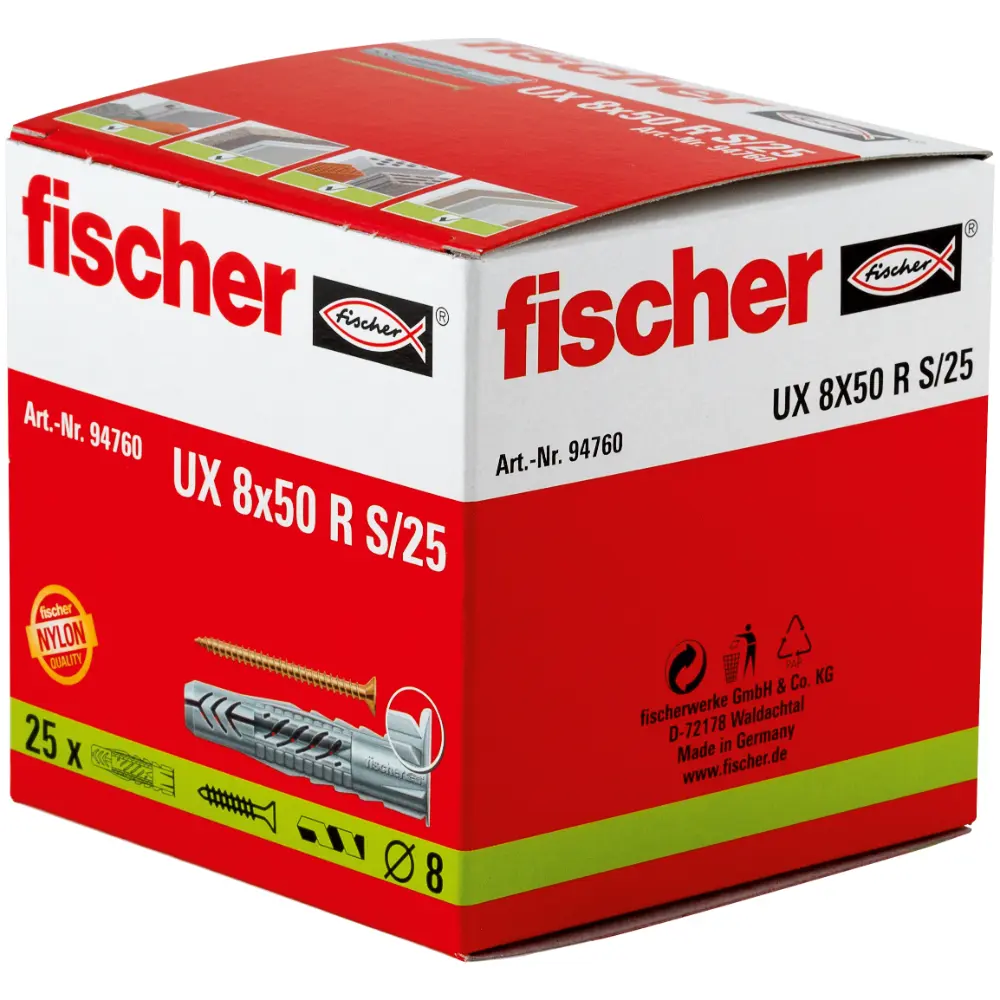 Fischer Universaldübel UX 8x50 R S mit Rand und Schraube