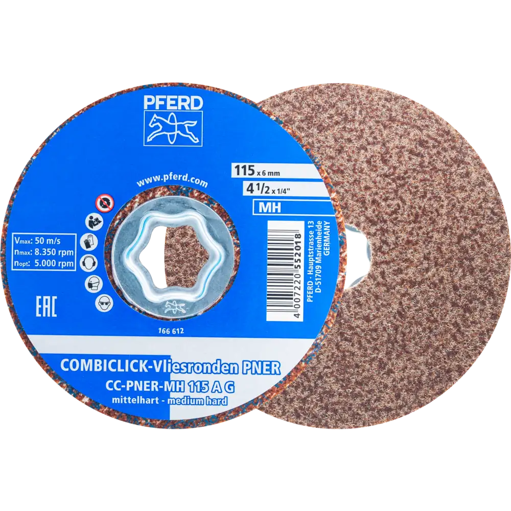 PFERD TOOLS COMBICLICK verpresste Vliesronde CC PNER Ø 115 mm Mittelhart A Grob für Finish 