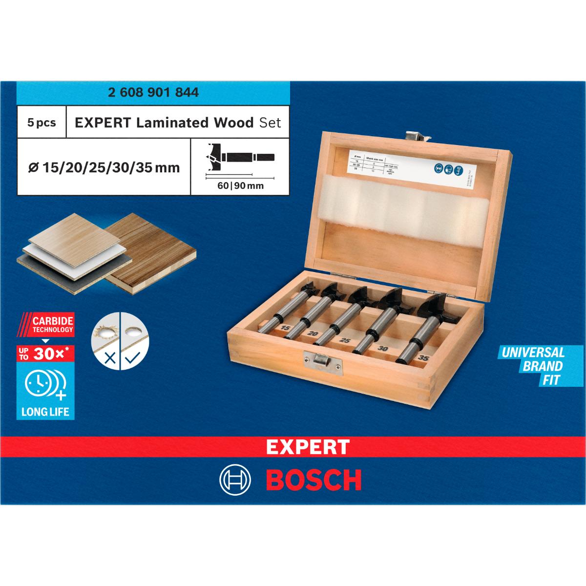 Bosch EXPERT Laminated Wood Scharnierlochbohrersatz, 15/20/25/30/35 x 60 x 90 mm, 5 Stück