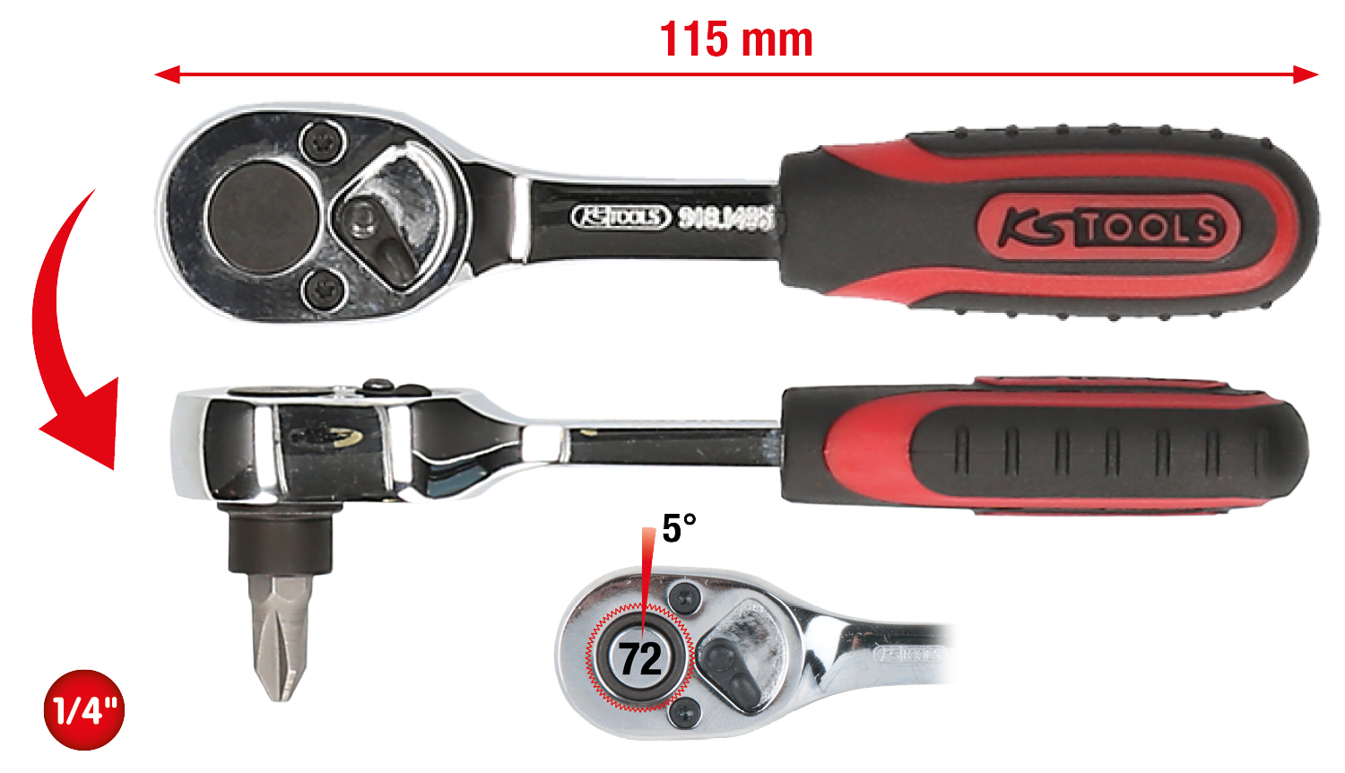 KS Tools 1/4" CHROMEplus Bit-Umschaltknarre, 115mm
