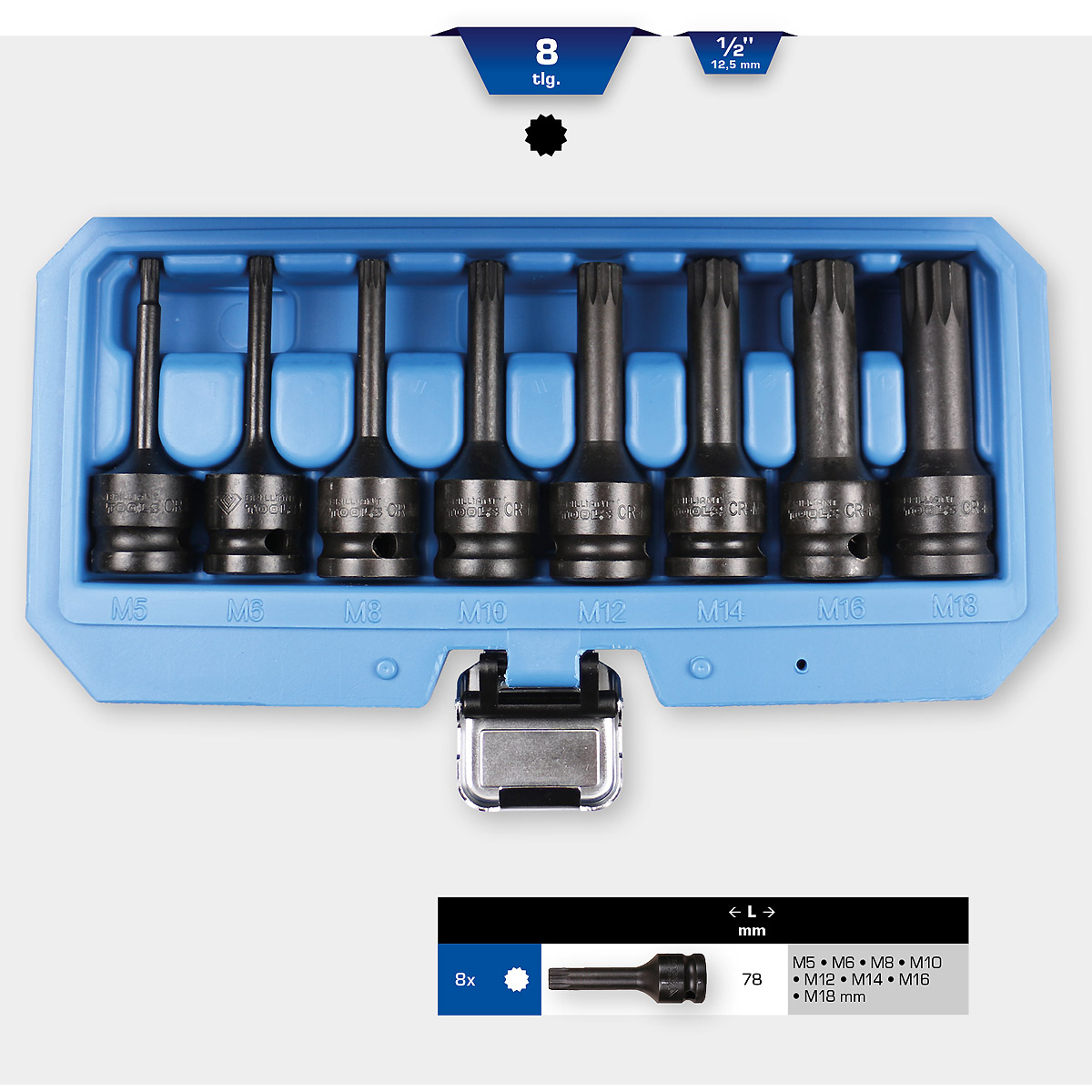 Brilliant Tools 1/2" Kraft-Bit-Stecknuss-Satz, XZN, 8-tlg, M5 - M18