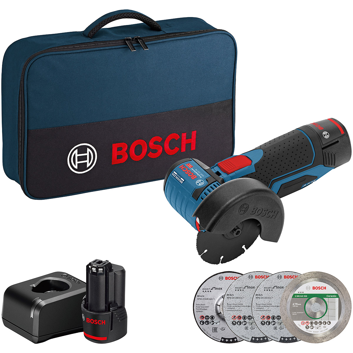Bosch Akku-Winkelschleifer GWS 12V-76, mit 2 x 2.0 Ah Li-Ion Akku