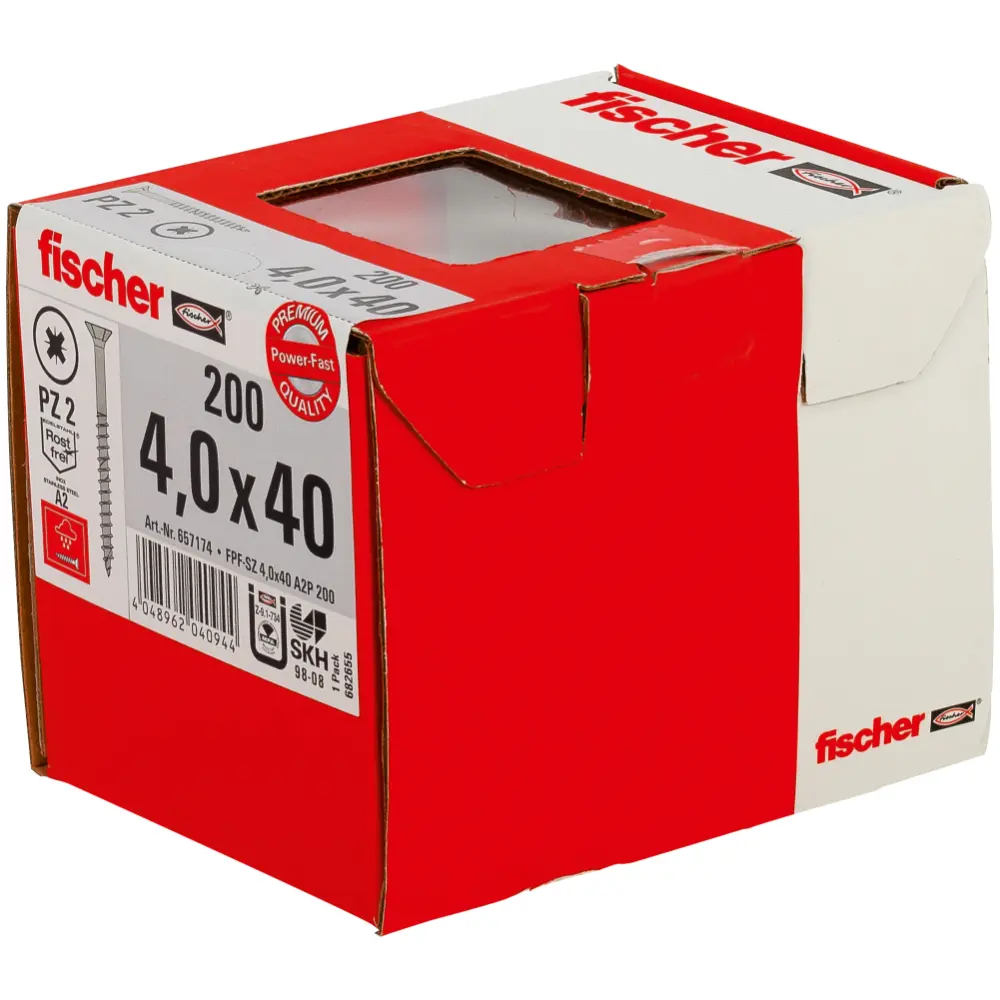 Fischer Spanplattenschraube PowerFast 4,0x40 FPF-SZ A2P, Senkkopf PZ, A2, Teilgewinde