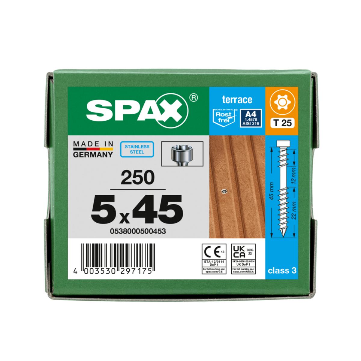SPAX TERRASSE Fixiergewinde Zylinderkopf T-STAR plus T25, CUT-Spitze Edelstahl rostfrei A4, 250 Stück