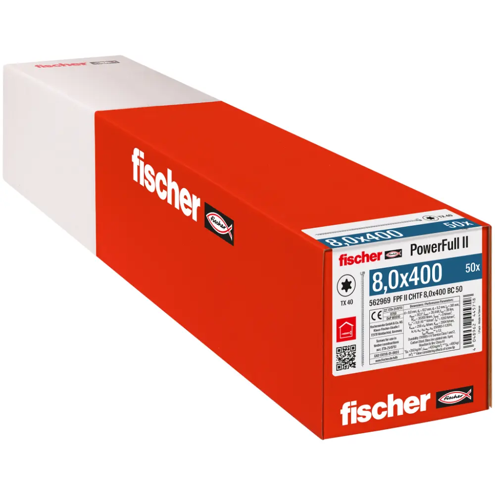 Fischer Vollgewindeschraube 8,0x400 PowerFull FPF II CHTF 6/8 BC, Vollgewinde, Zylinderkopf, TX