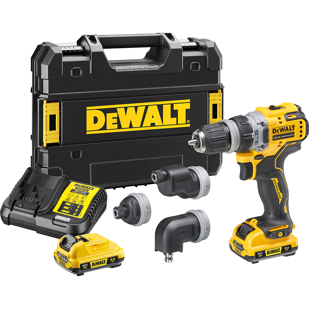 DEWALT Akku-Bohrschrauber + 4 Wechselköpfe 12V + 2 Akku + Schnellladegerät