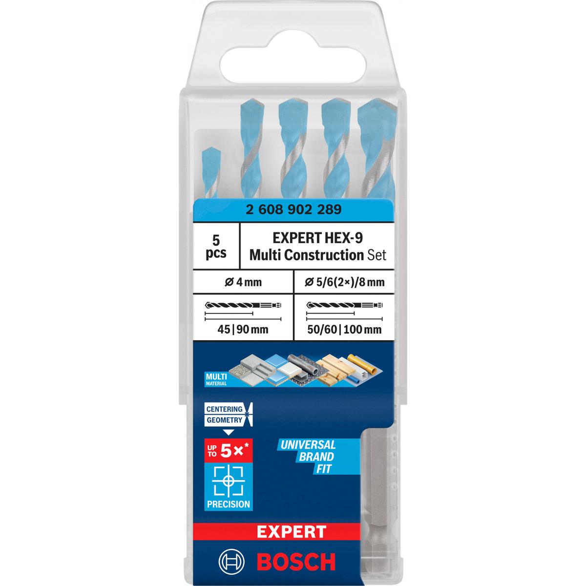 Bosch EXPERT HEX-9 Multi Construction Bohrer D= 4 / 5 / 6 / 6 / 8 mm, 5-teiliges Set