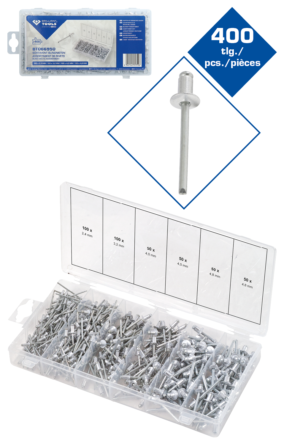 Brilliant Tools Sortiment Blindnieten, 400-tlg, 2, 4 - 3, 2 - 4 - 4, 8 mm - BT066950