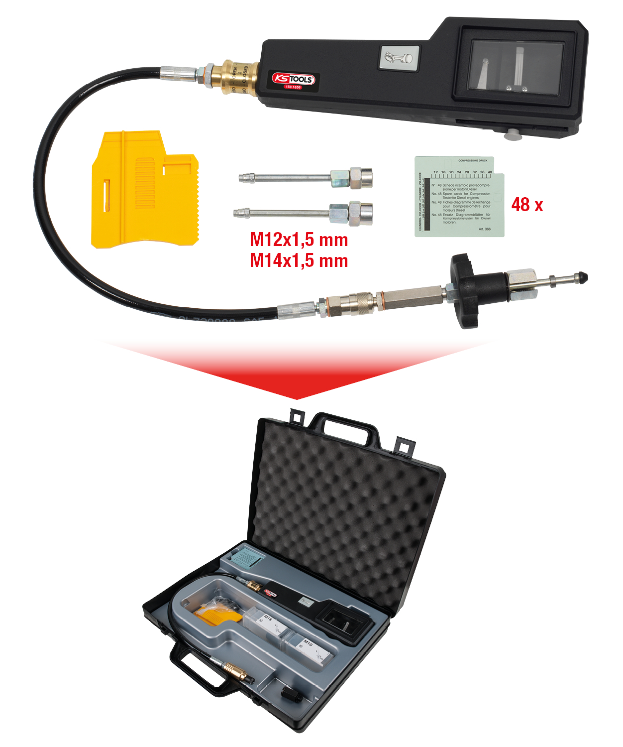KS Tools Kompressions-Druckprüfgerät für Dieselmotoren mit Diagrammschreiber, 53-tlg