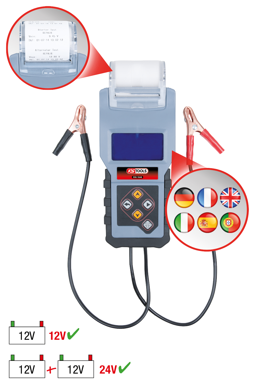KS Tools 12V Digital-Batterie- und Ladesystemtester mit integriertem Drucker