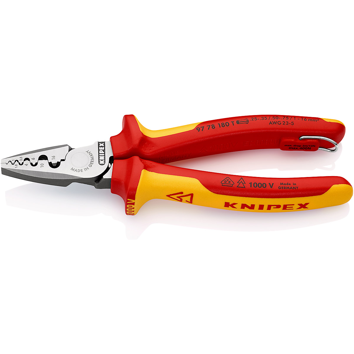 KNIPEX Crimpzange für Aderendhülsen 180 mm isoliert, VDE-geprüft mit Befestigungsöse