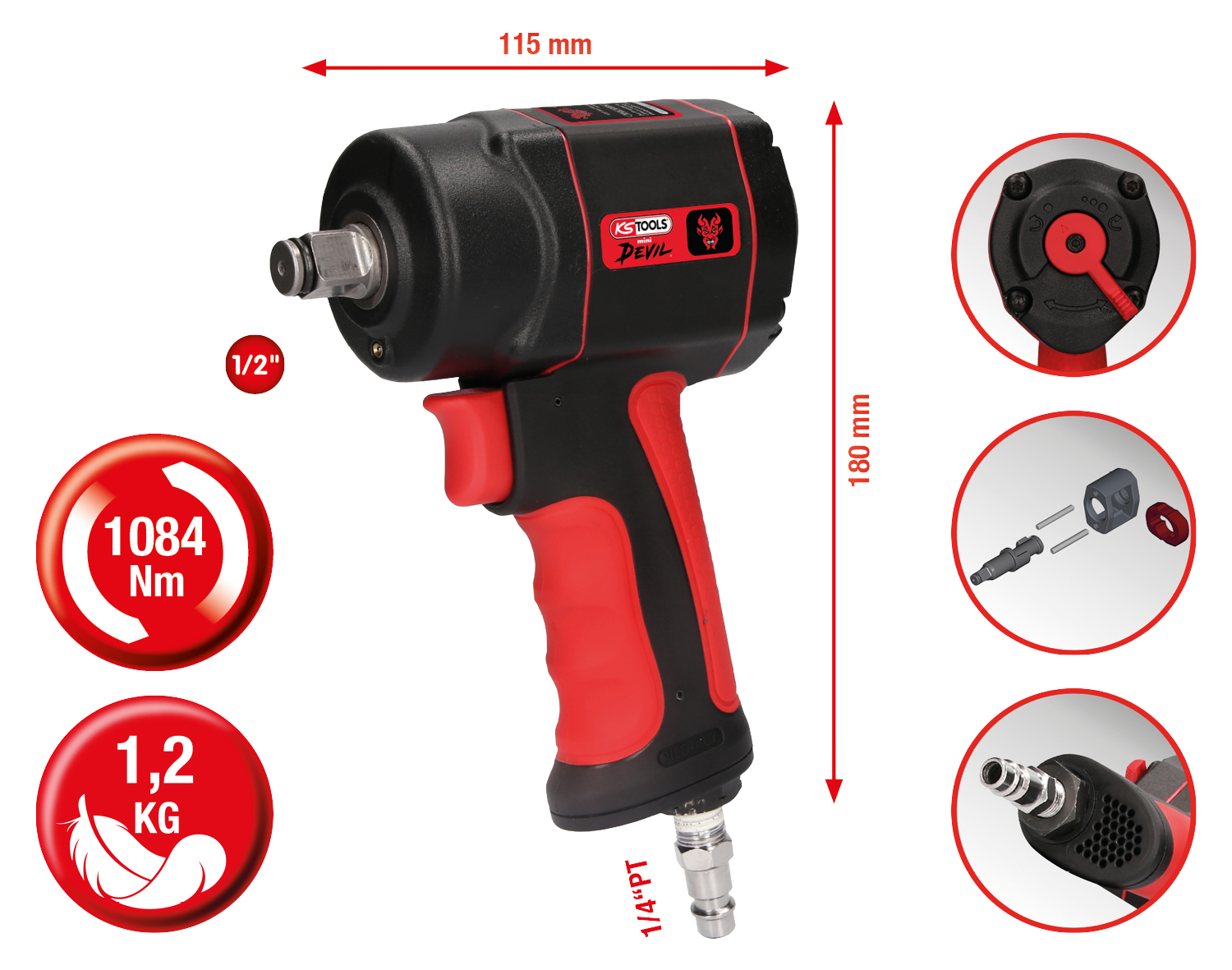 KS Tools 1/2" THE miniDEVIL Hochleistungs-Druckluft-Schlagschrauber, 1084Nm