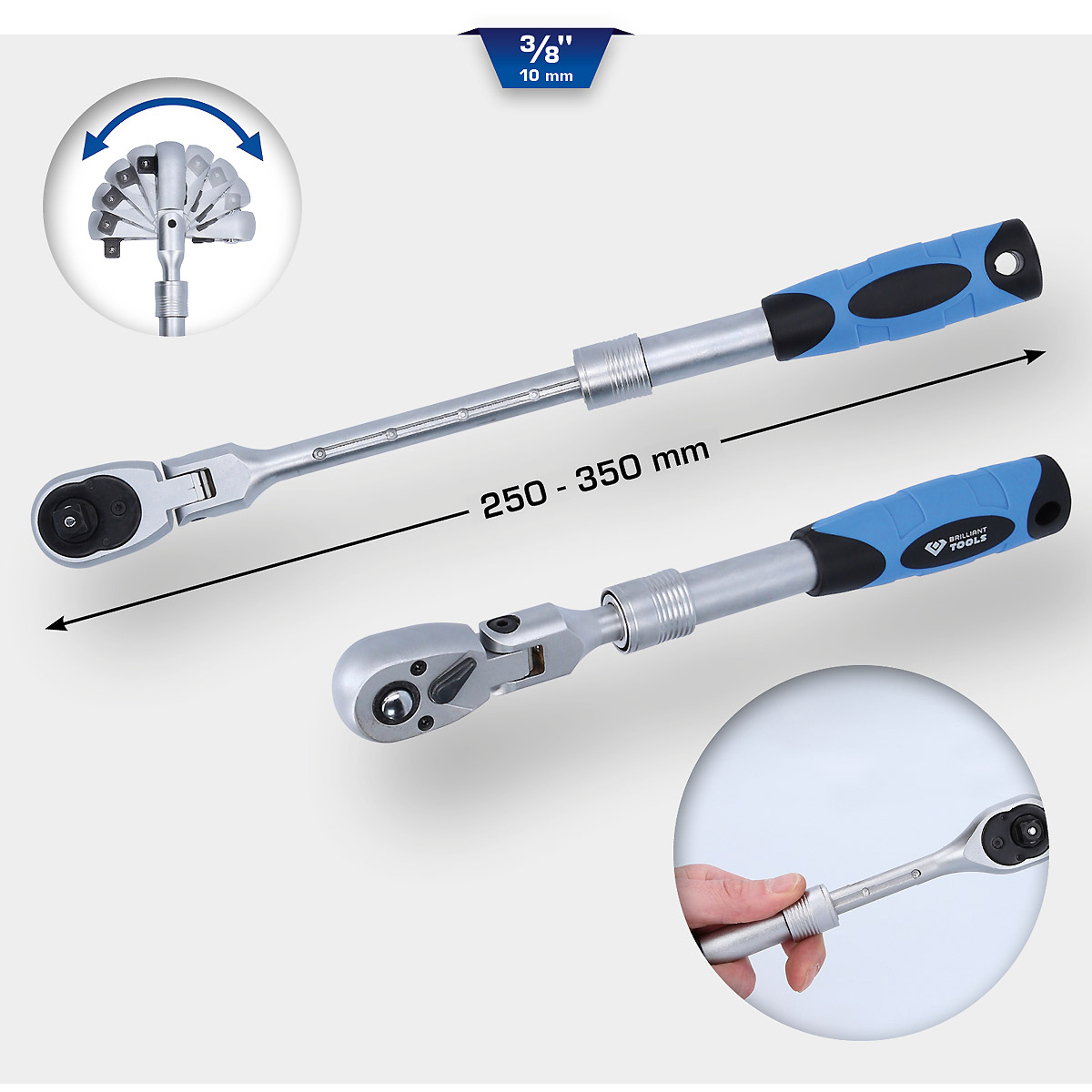 Brilliant Tools 3/8" Teleskop-Umschaltknarre mit flexibelem Kopf (250 - 350 mm)