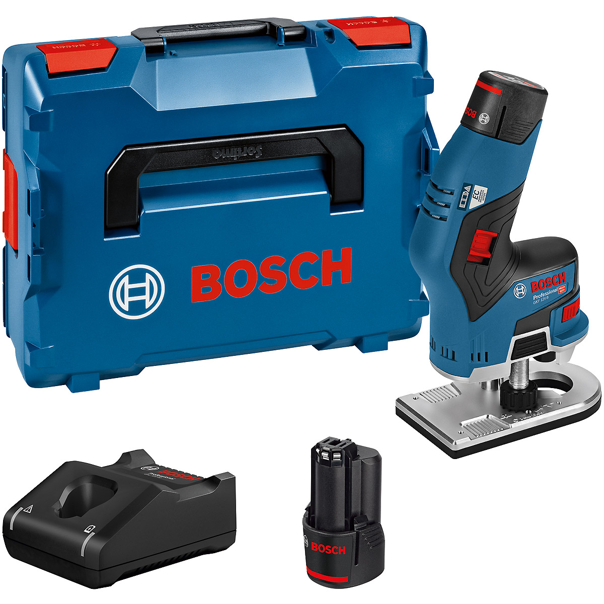 Bosch Akku-Kantenfräse GKF 12V-8, mit 2 x 3.0 Ah Li-Ion Akku, L-BOXX