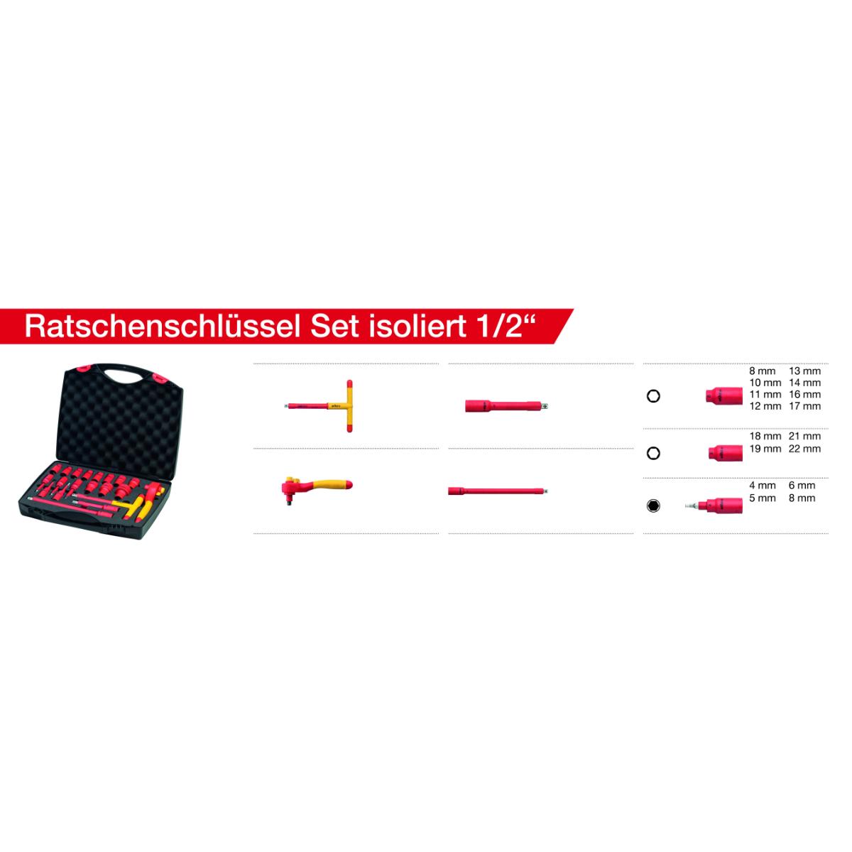 Wiha Umschaltknarren Set electric 1/2 zoll 20-teilges Set mit Druckknopf und Kugelsicherung mit Tasche