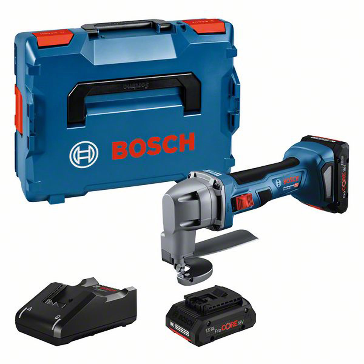 Bosch Akku-Blechschere GSC 18V-16 E, 2 x Akku ProCORE18V, Schnelladeg. u. L-BOXX