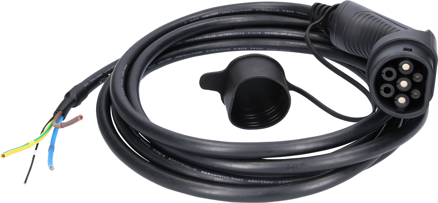 efuturo Ladekabel gerade, Ende offen auf Typ 2 Stecker, 1 Phase, bis zu 7,4 kW, 32 A, 230 V, 5m