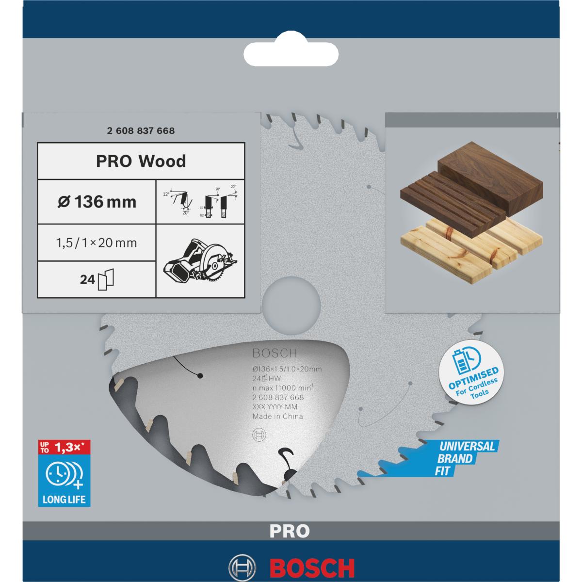 Bosch PRO Akku-Kreissägeblatt Standard for Wood, 136 x 1,5/1 x 20, 24 Zähne