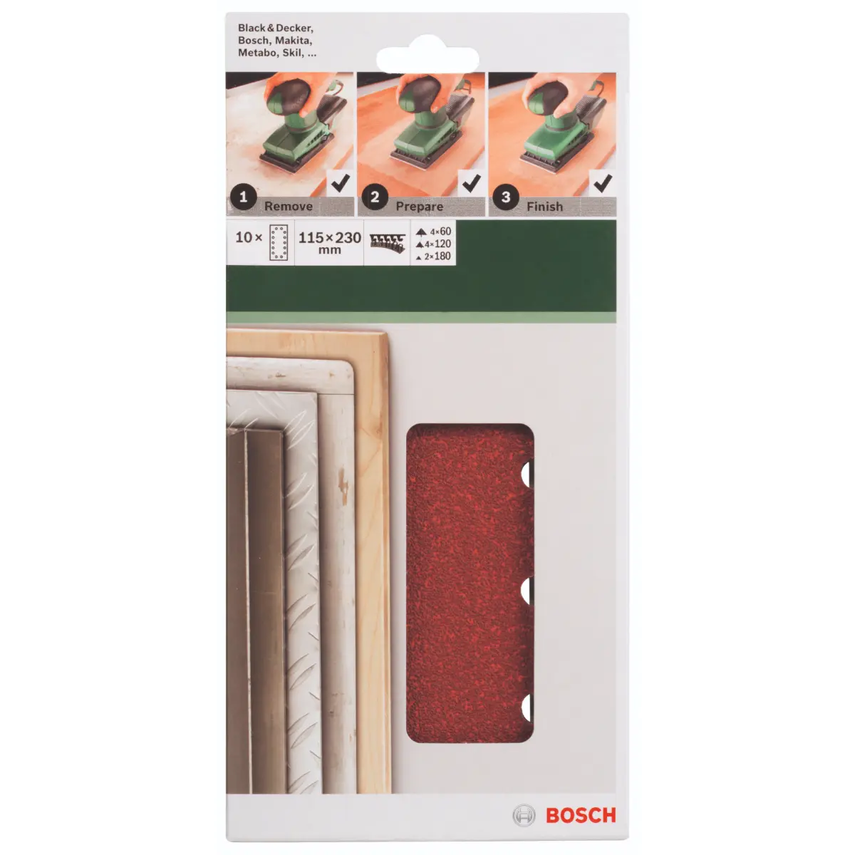 Bosch Schleifblatt-Set für Schwingschleifer K=60/120/180, 115x230 mm, 14 Loch, 10-tlg.