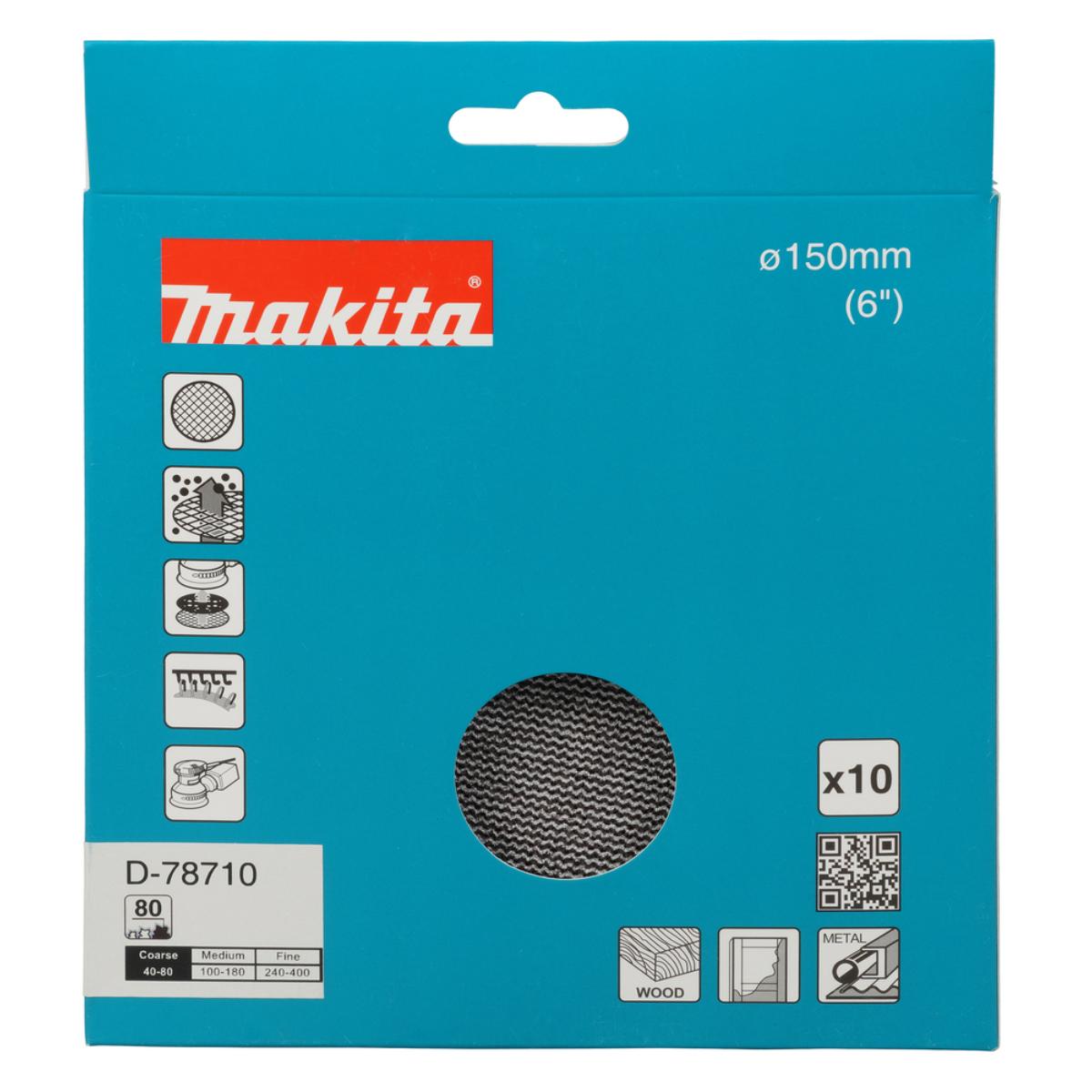 Makita Netzschleifmittel 150mm, Körnung A80,Klett, Gitter, 10 Stück