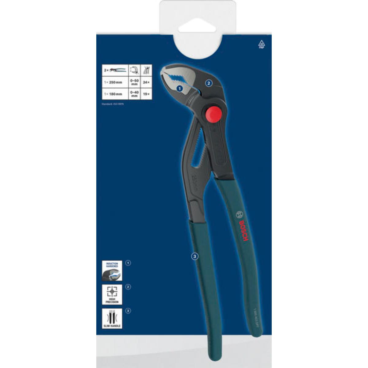 Bosch Wasserpumpenzangen, tauchbeschichtete, rutschfeste Griffe, 2-teilges Set