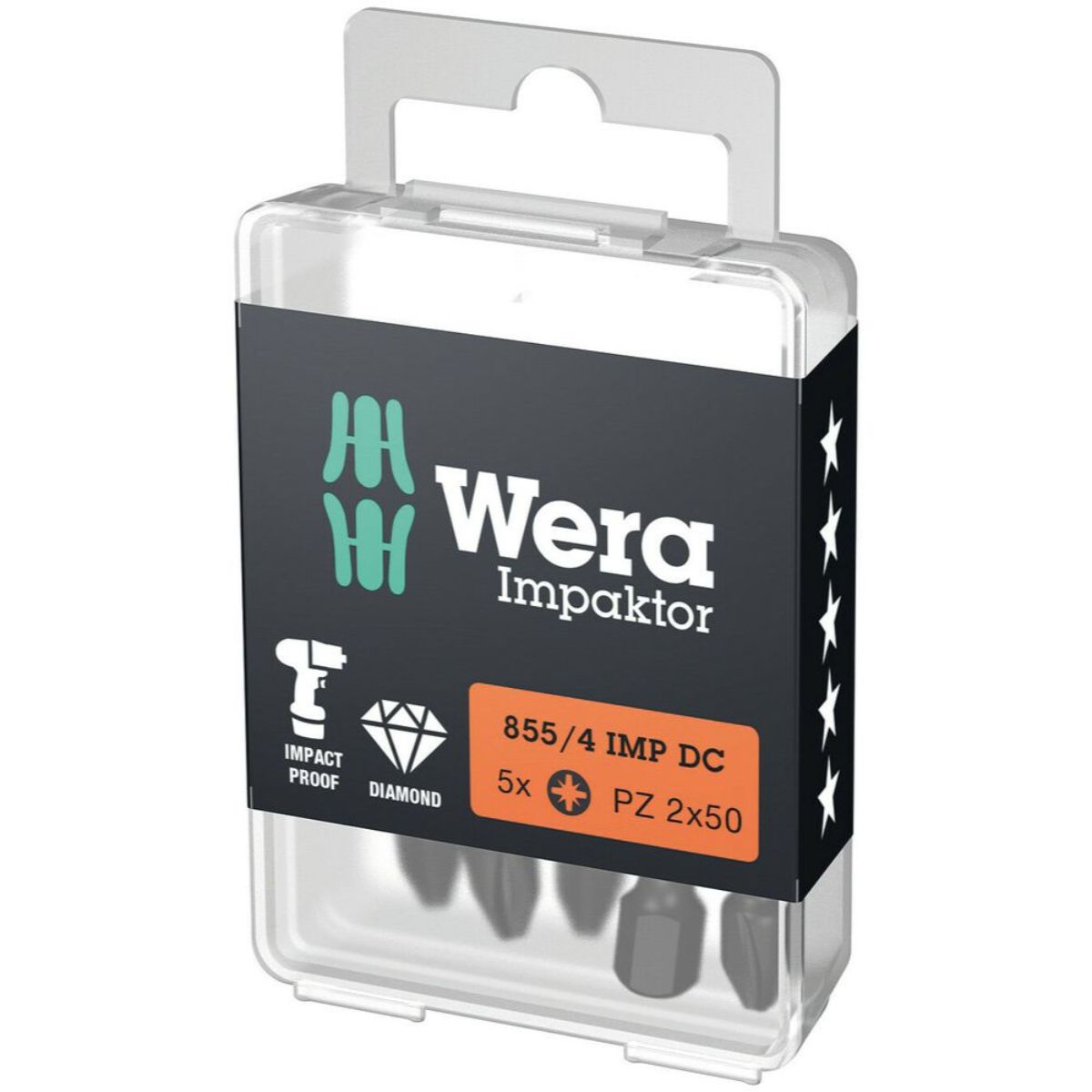 Wera 855/4 IMP DC PZ DIY Impaktor Bits, PZ 2 x 50 mm, 5-teilig