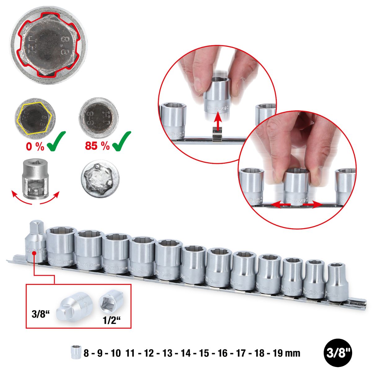 KS Tools 3/8 Zoll RESCUEpower Stecknuss-Satz, 13-tlg 8-19mm