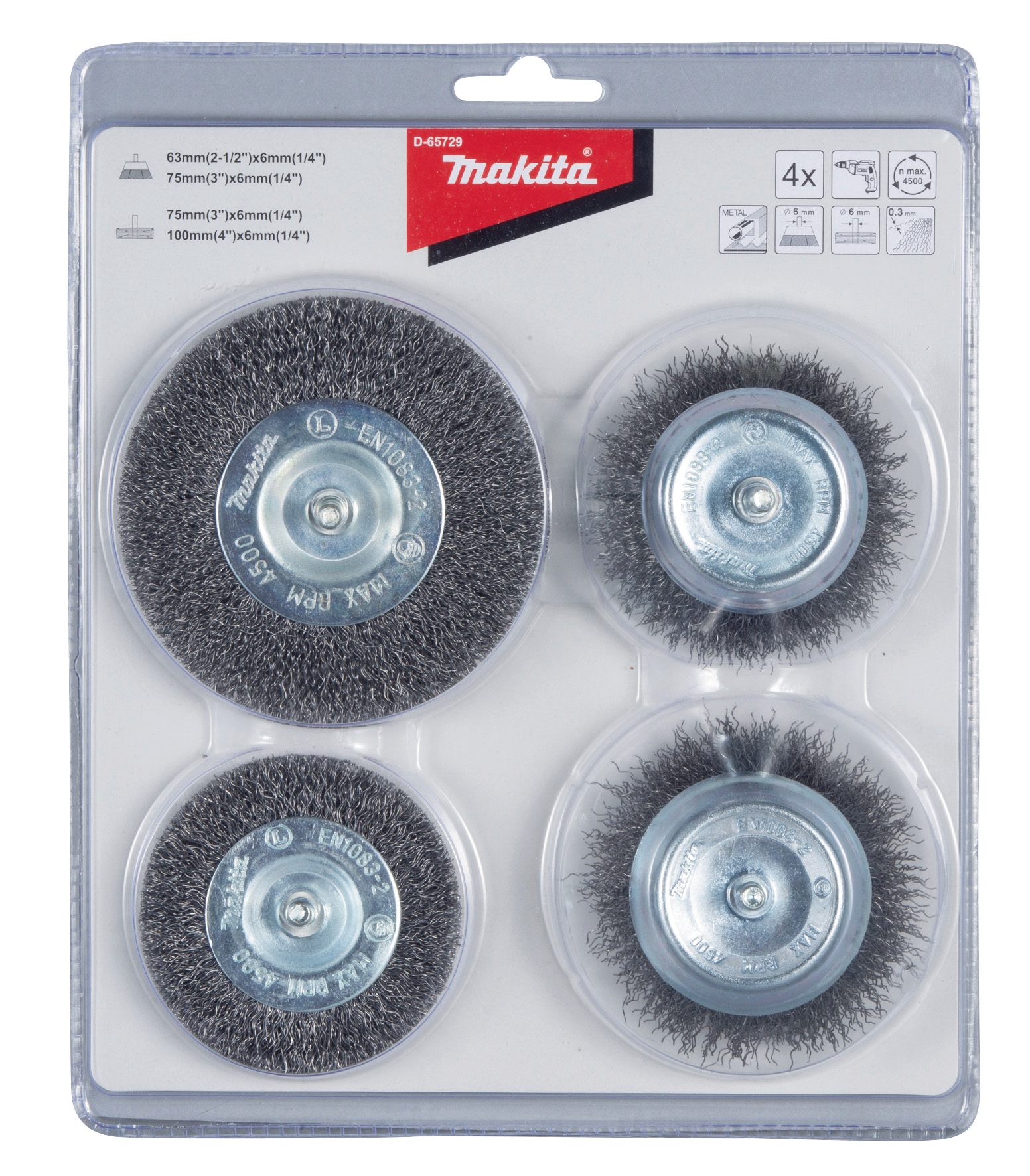 Makita Topf- und Rundbürsten-Set, 4-teilig - gewellt - verzinkter Stahl - Rundschaft - D-65729