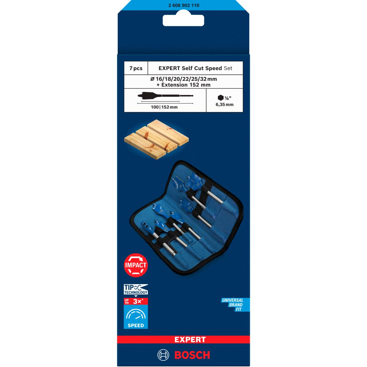 Bosch EXPERT Self Cut Speed Flachfräsbohrer-Set, 16-32mm + Verlängerung 152 mm, 7-teiliges Set