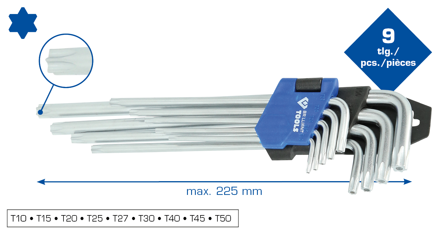 Brilliant Tools Winkelstiftschlüssel-Satz, 9-tlg, Torx-Profil, lang - BT044019
