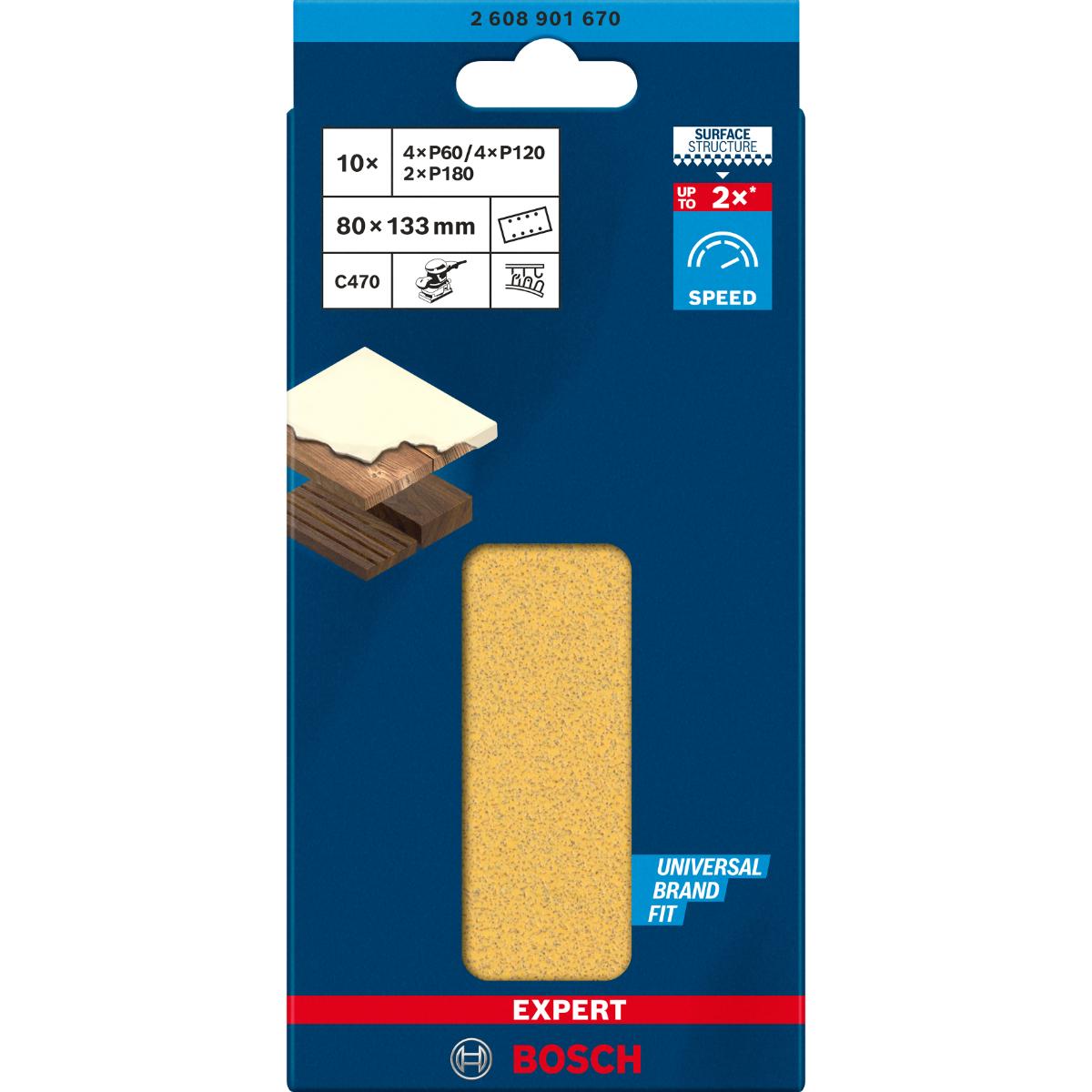 Bosch EXPERT C470 Schleifpapier-Set, 80 x 133 mm, K 60/120/180, 10 Stück
