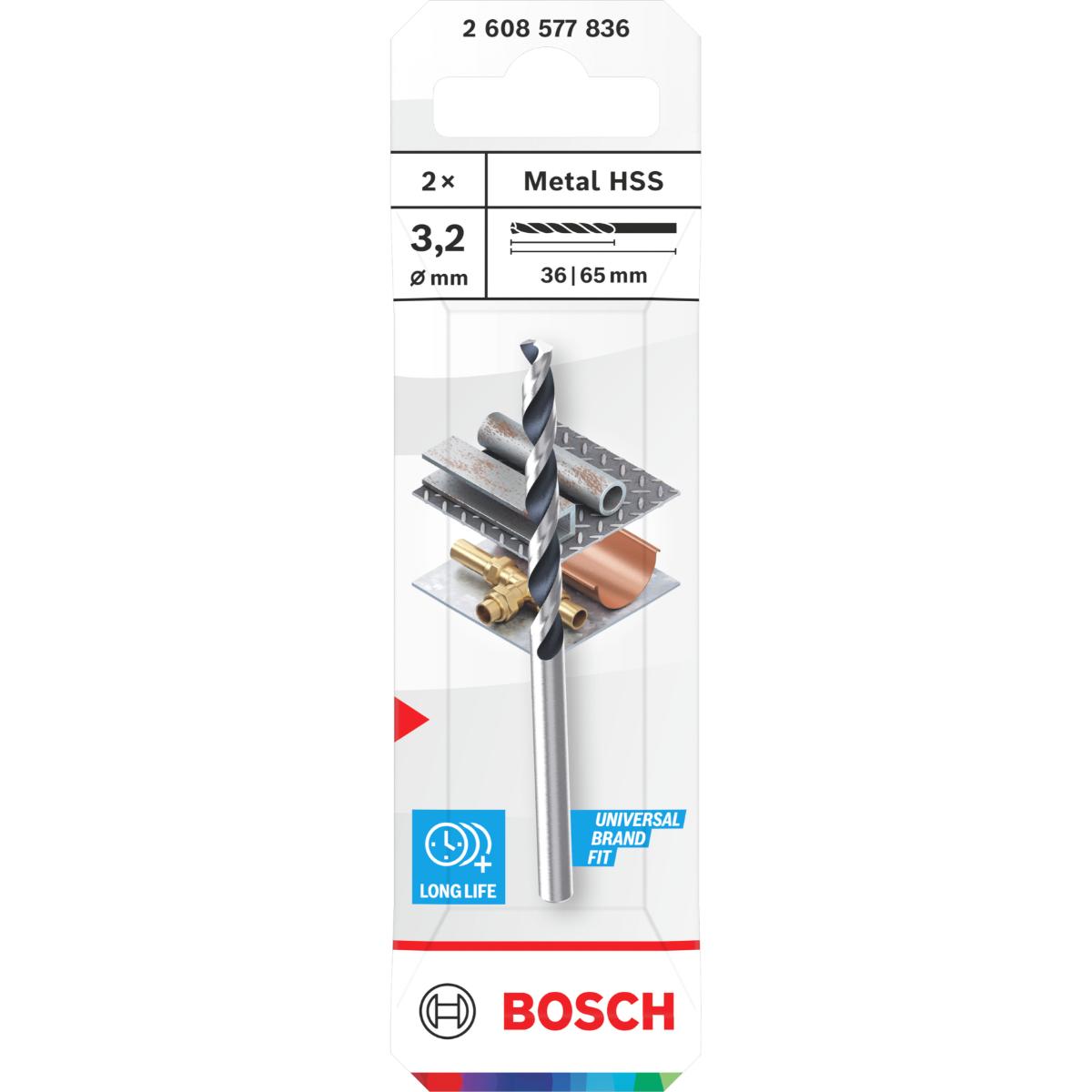 Bosch Metal HSS Spiralbohrer, 3,2 x 36 x 65 mm, CYL-Schaft, 2-Stück