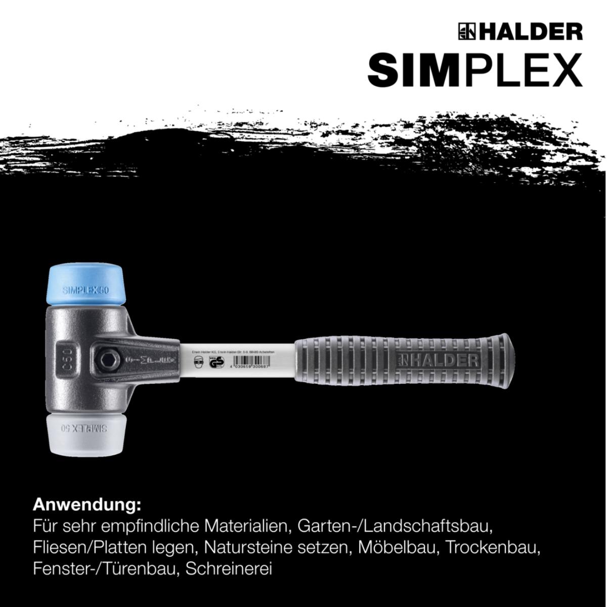 HALDER SIMPLEX - Schonhammer mit verstärktem Tempergussgehäuse und Fiberglasstiel, TPE-soft/TPE-mid