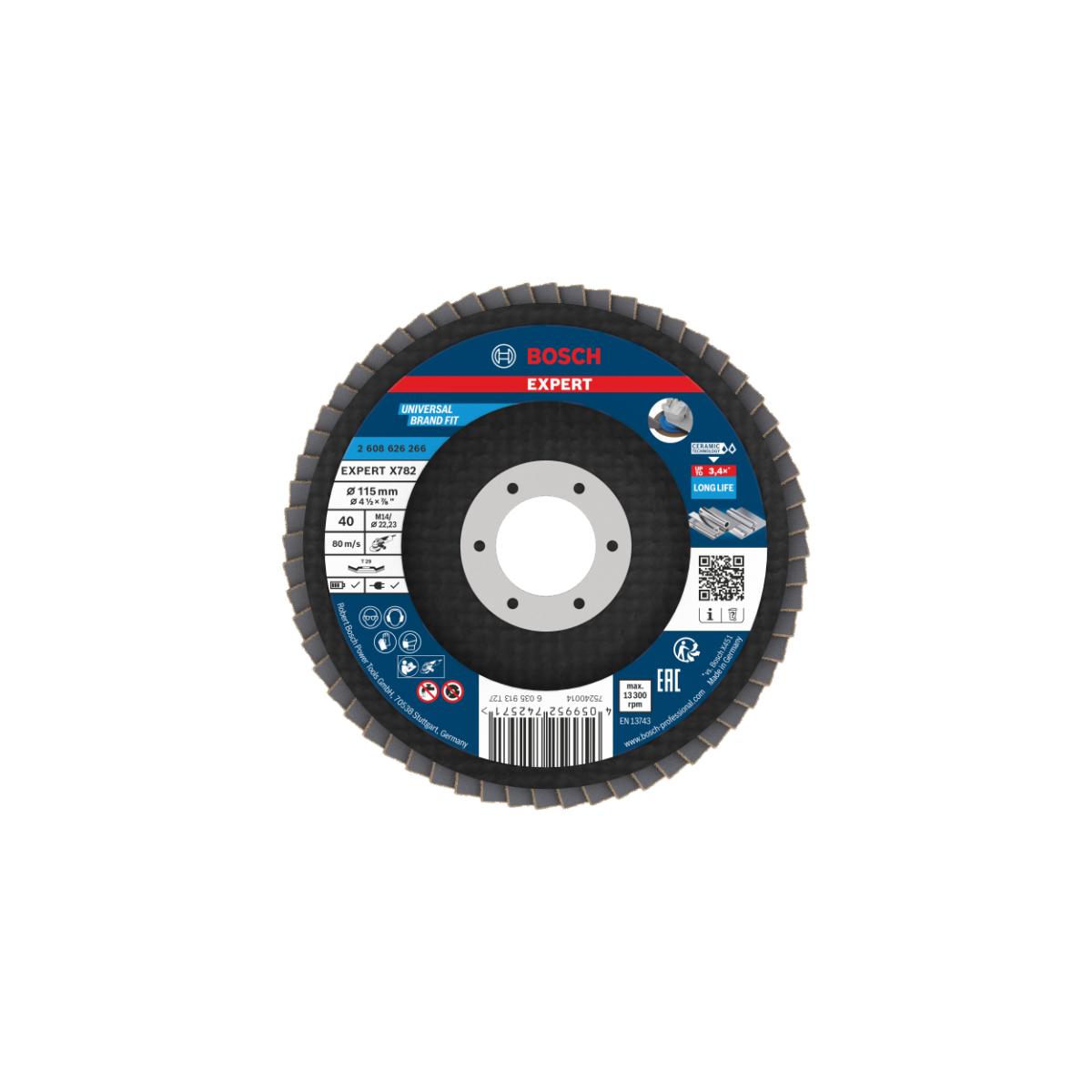 Bosch EXPERT X782 Fächerschleifscheibe, abgewinkelt, 115mm, K40, Bohrung 22,23mm,trimm
