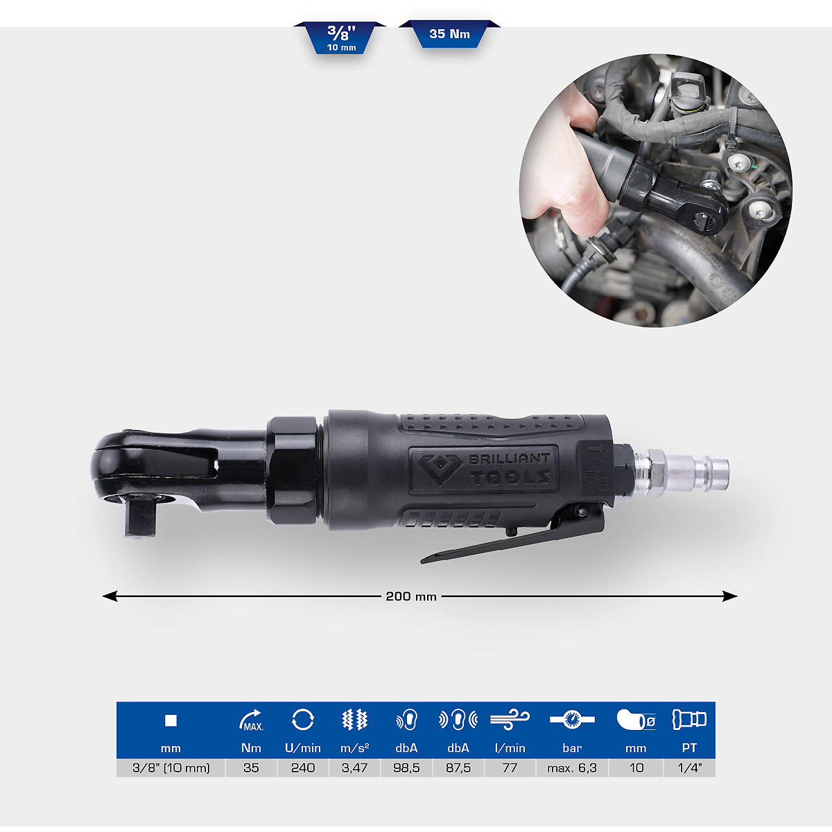 Brilliant Tools 3/8" Druckluft-Ratsche, 35 Nm