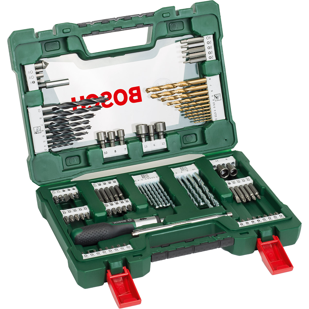 Bosch V-Line TiN-Bohrer- und Bit-Set, 91-teilig, Ratschen-Schraubendreher, Magnetstab