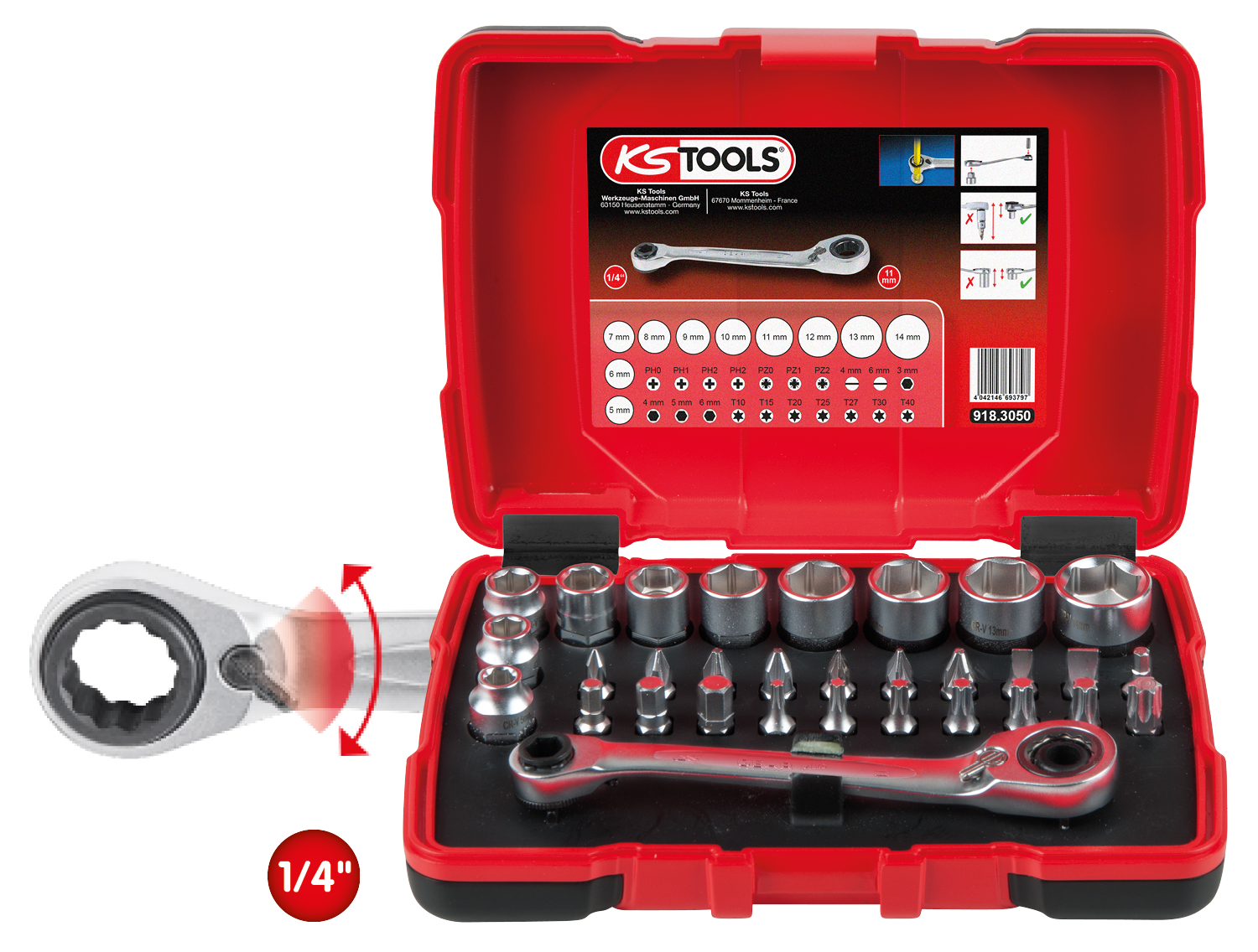 KS Tools 1/4" + 11 mm Durchgangs-Steckschlüssel- und Bit-Satz, 31-tlg