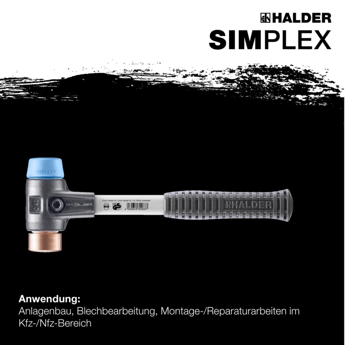 HALDER SIMPLEX - Schonhammer mit verstärktem Tempergussgehäuse und Fiberglasstiel, TPE-soft / Kupfer