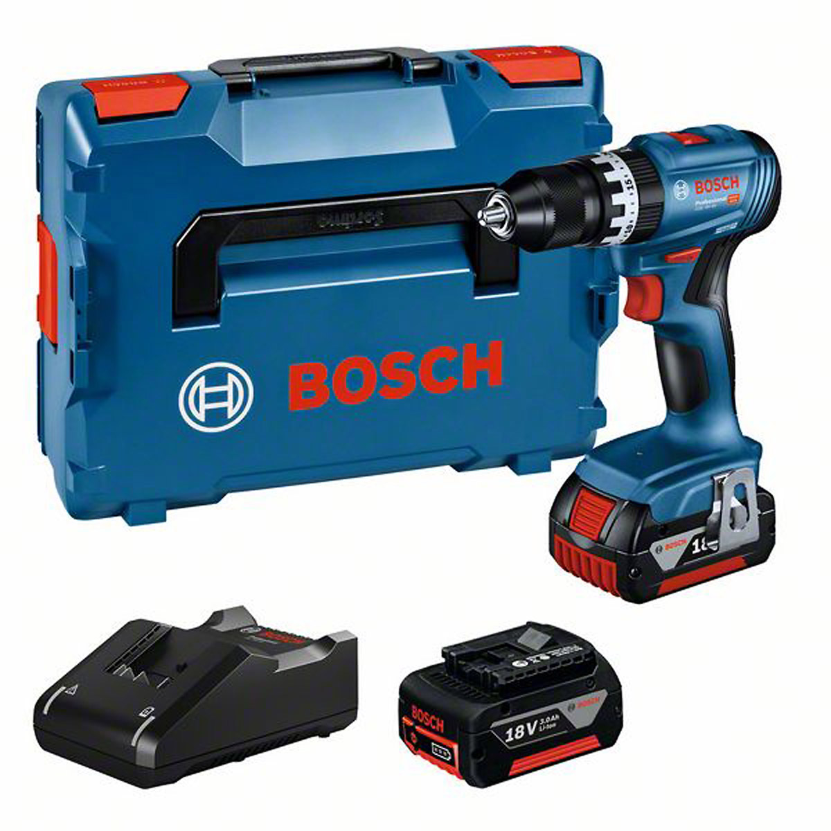 Bosch Akku-Schlagbohrschrauber GSB 18V-45, 2 x Akku GBA 18V 3.0Ah, Ladeg. u. L-BOXX