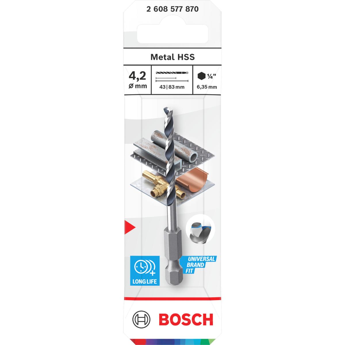 Bosch Metal HSS Spiralbohrer, 4,2 x 43 x 83 mm, HEX 1/4 Schaft
