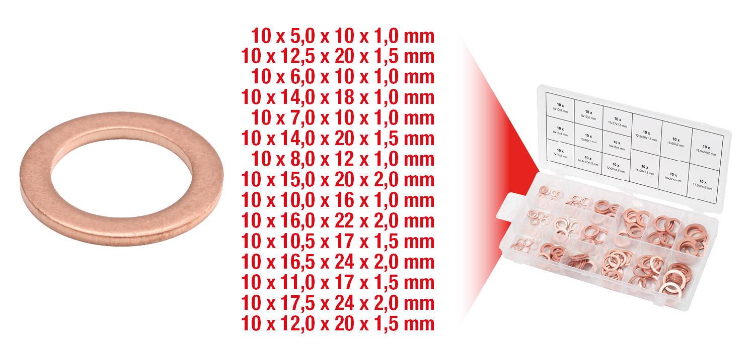 KS Tools Sortiment Kupfer-Dichtringe, Ø 5-17,5mm, 150-tlg